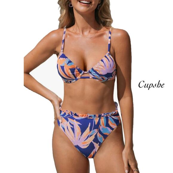 Cupshe Blue Tropical Push Up High Waisted Drawstring Bikini Swimsuit NWT Size S - Picture 1 of 12